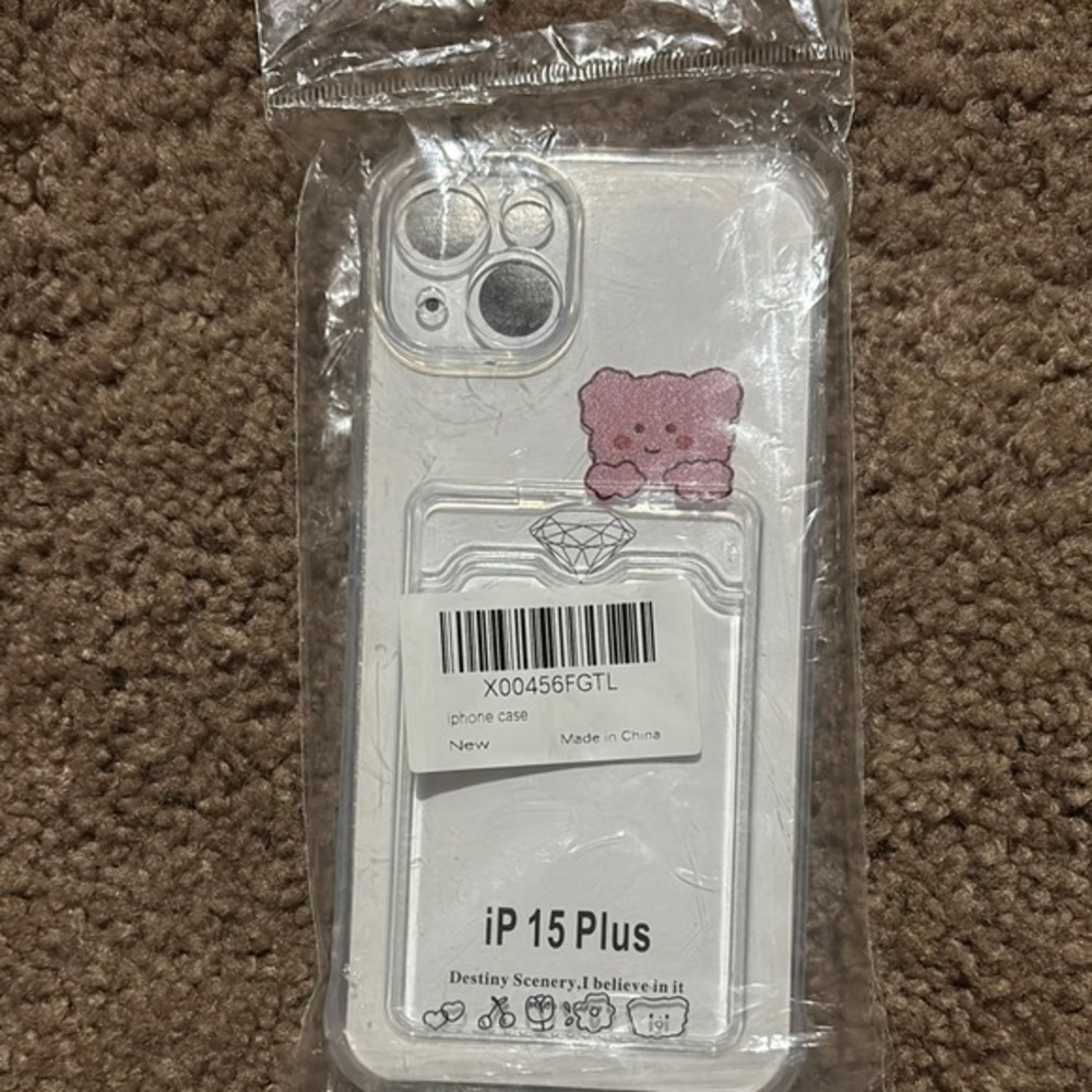 iP 15 Plus White Phone Case with Pink Bear Design